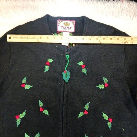 Tiara Internation Embellished Holly & Decoration Black Zip Up Sweater Y2K Medium - Picture 8 of 13